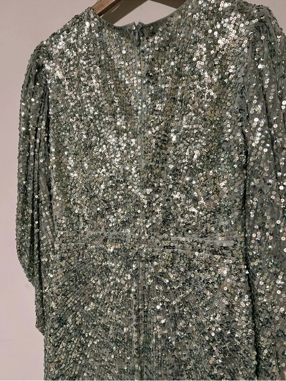 Mac Duggal Seafoam Green Sequin Embellished Faux Wrap Puff Sleeve Gown